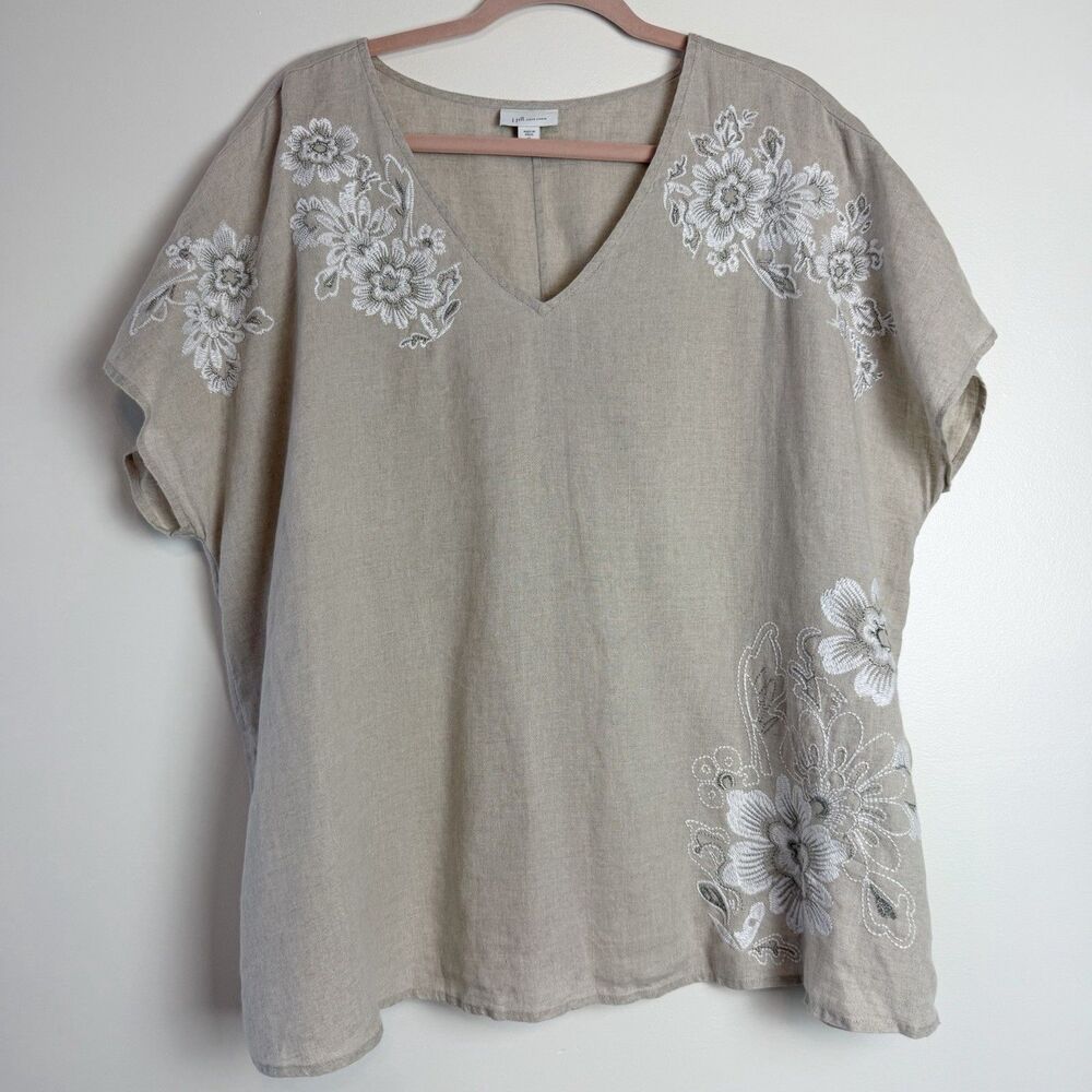 J. Jill Love Linen Top Oatmeal Linen Top White Floral Embroidery Women’s XL